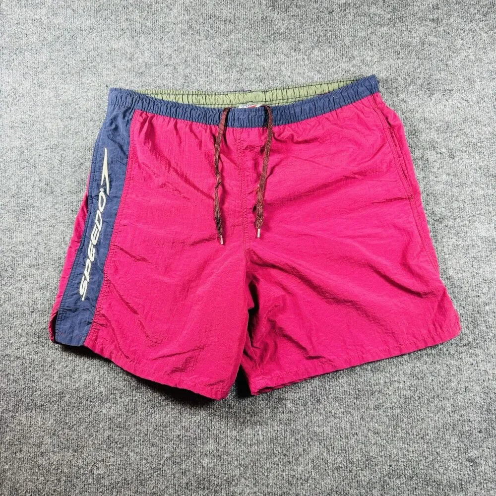 Vintage 90s Speedo Spell Out Swim Trunks Men's Colorblock Pink Navy Shorts Retro
